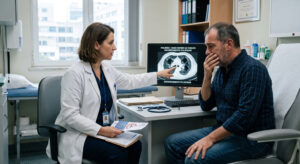 Médica apontando para um exame de pulmão no computador com diagnóstico de dano por tabaco, explicando as doenças causadas pelo cigarro a um paciente preocupado.