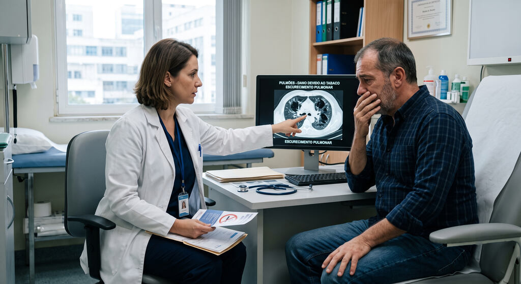 Médica apontando para um exame de pulmão no computador com diagnóstico de dano por tabaco, explicando as doenças causadas pelo cigarro a um paciente preocupado.