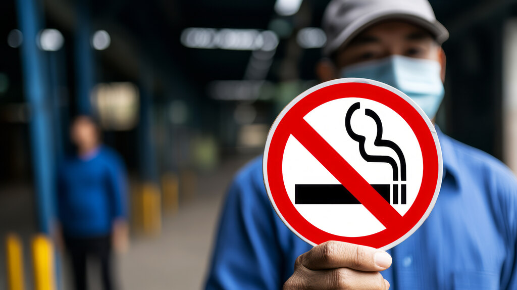 homem com mascara seguran uma placa antifumo