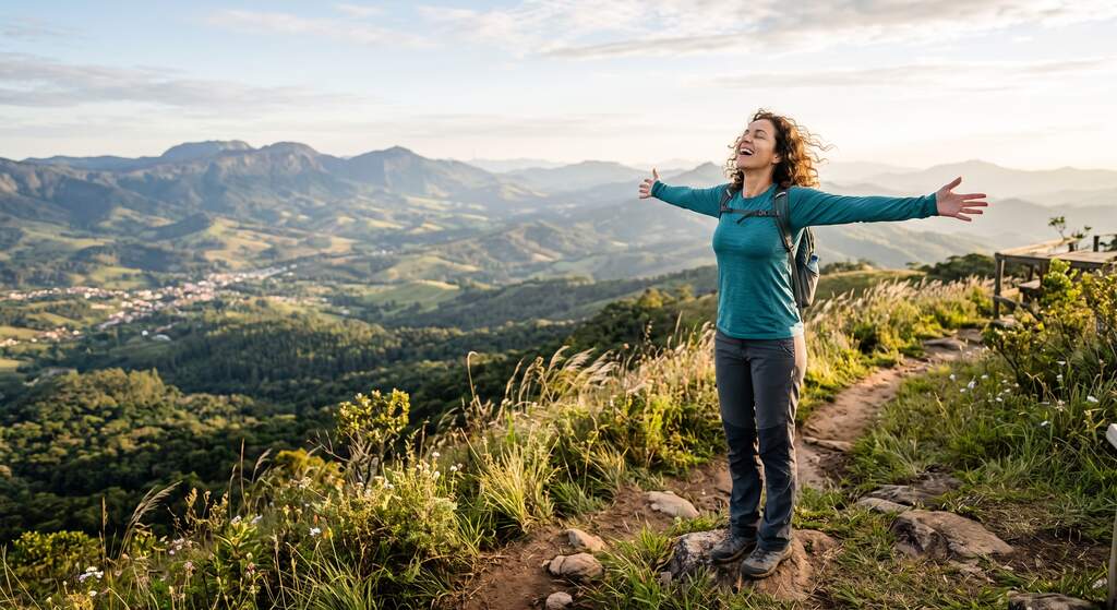 Mulher com mochila celebra com os braços abertos no topo de uma montanha com vista panorâmica. Natureza e liberdade em trilha de ecoturismo.