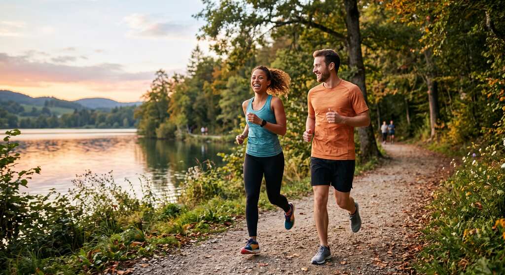 Casal sorrindo corre em trilha de terra ao lado de um lago com floresta ao pôr do sol. Estilo de vida saudável e atividades ao ar livre.