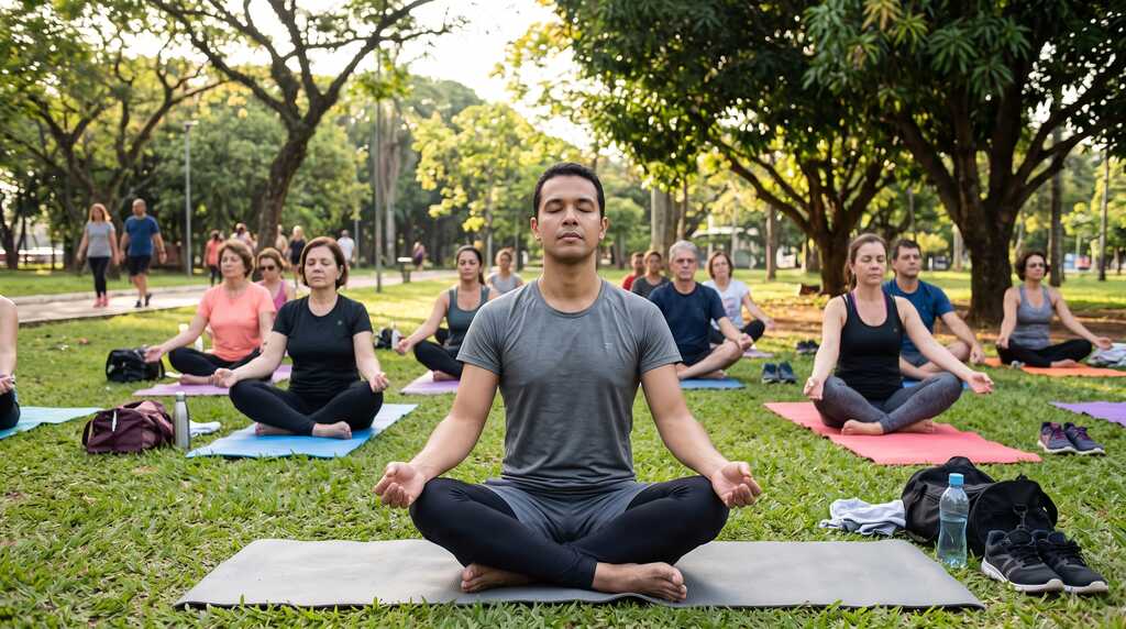 Grupo de pessoas sentadas na grama praticando yoga e exercícios de respiração ao ar livre em um parque arborizado.