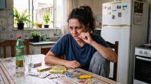 Mulher demonstrando forte ansiedade sentada à mesa de casa com cartelas de remédios, gomas de mascar e um isqueiro, refletindo a tensão da abstinência.