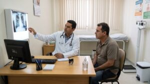 Médico em consultório apontando para um raio-x do tórax na parede enquanto explica os resultados do exame pulmonar para um paciente sentado.