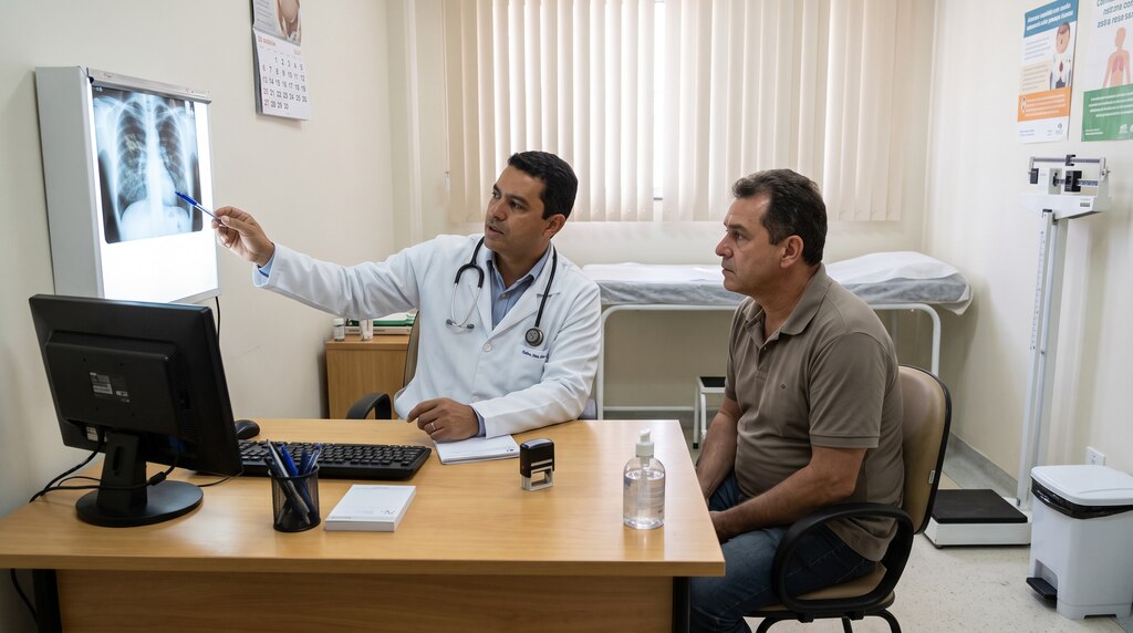 Médico em consultório apontando para um raio-x do tórax na parede enquanto explica os resultados do exame pulmonar para um paciente sentado.