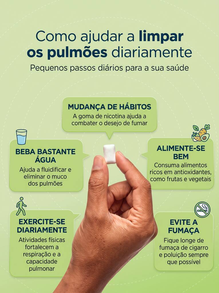 Infográfico com o título 'Como ajudar a limpar os pulmões diariamente', destacando uma mão segurando goma de nicotina no centro, com dicas ao redor sobre beber água, boa alimentação, exercícios físicos e evitar fumaça.